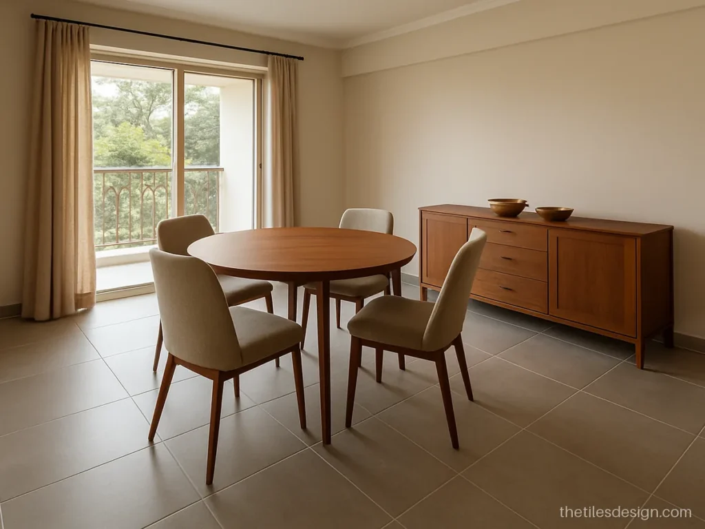 800 x 800 mm grey stone look floor tiles in an open dining space