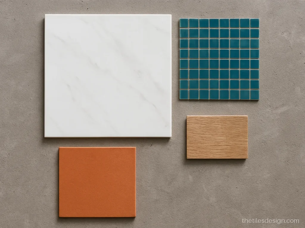 Flat lay of porcelain slab, terracotta tile and glass mosaic sheet samples