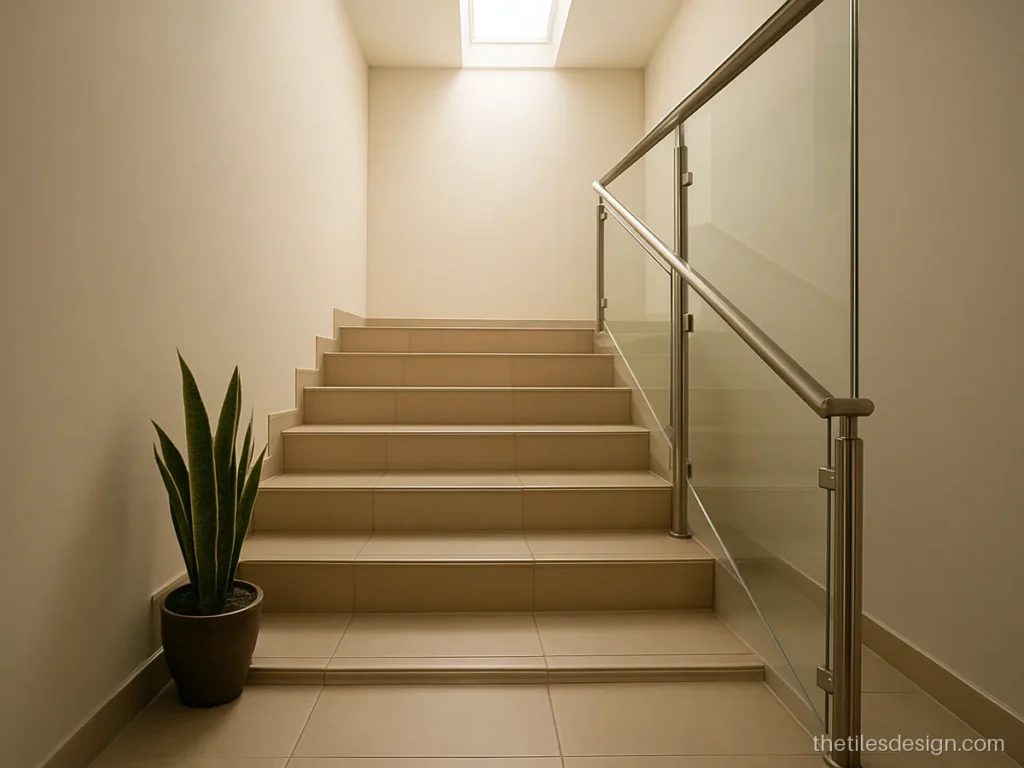 Modern tiles for stairs in beige satin with a steel and glass railing