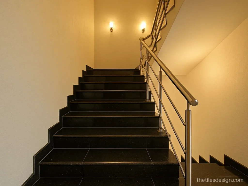 Black granite look stair tiles with golden flecks and a rounded nosing