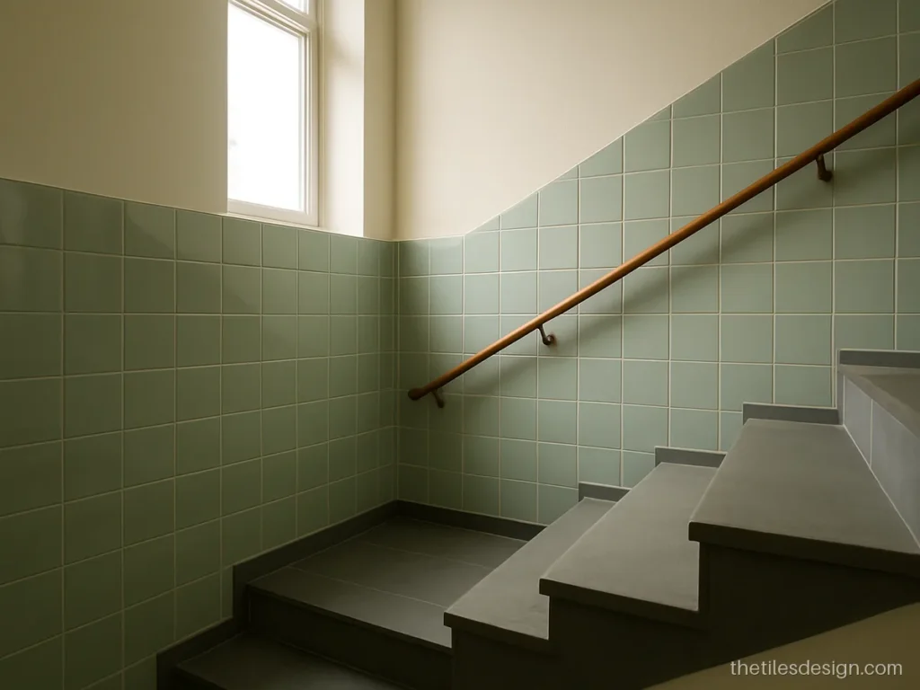 Tiles on stairs wall as a raked dado following the slope of the steps