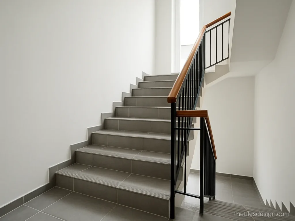 Stair tiles design with grey matt treads and white risers in a duplex home