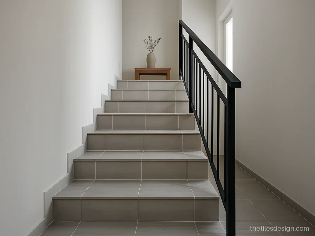 Steps tiles design with grey wood look treads and plain white riser tiles