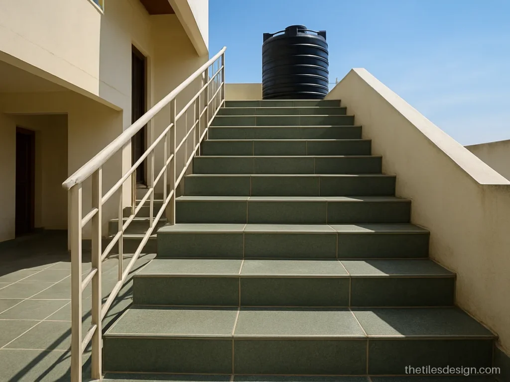Non slip tiles for staircase going up to the terrace in kota stone look