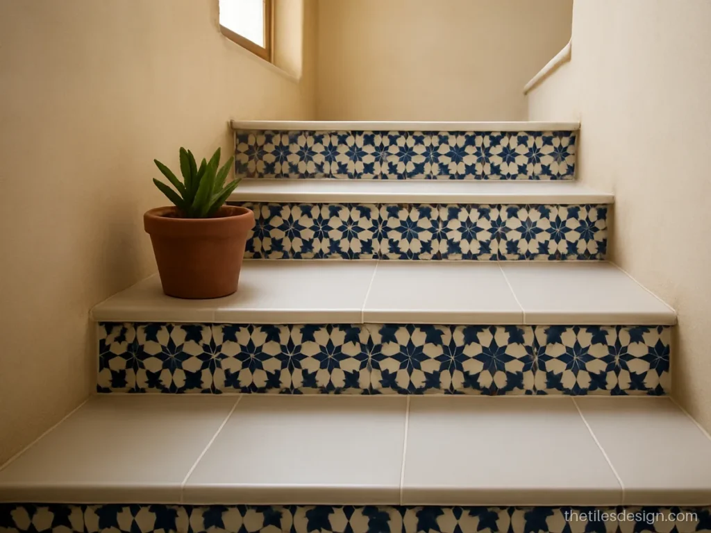 Step riser tiles with a blue Moroccan pattern under plain white treads