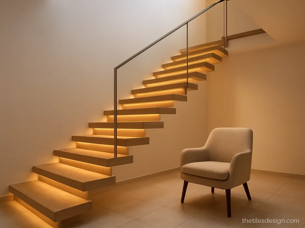 Wood tile stairs in light oak planks on a floating staircase