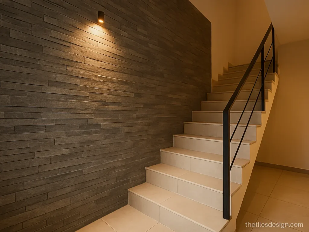 Stairs wall tiles design with grey stone cladding on the staircase side wall