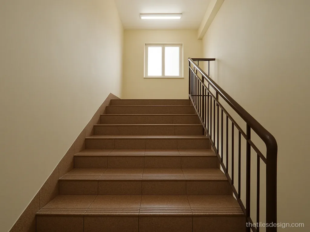 Tan brown granite look step tiles on an apartment common staircase