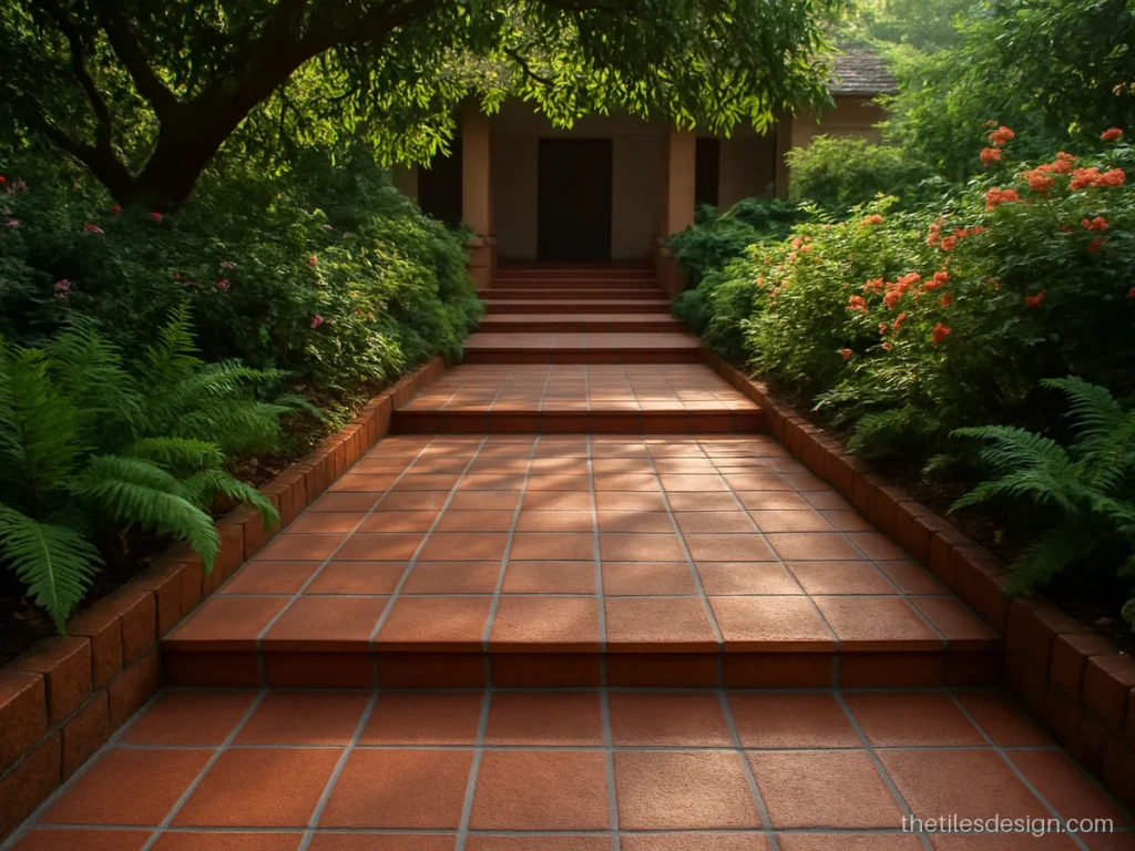 Terracotta step tiles on outdoor garden stairs with a rough grip surface