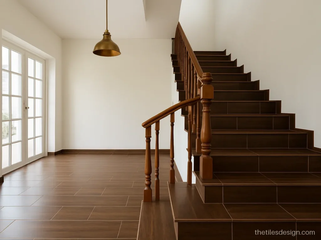 Wooden stair tiles in dark walnut with matching riser tiles and white walls