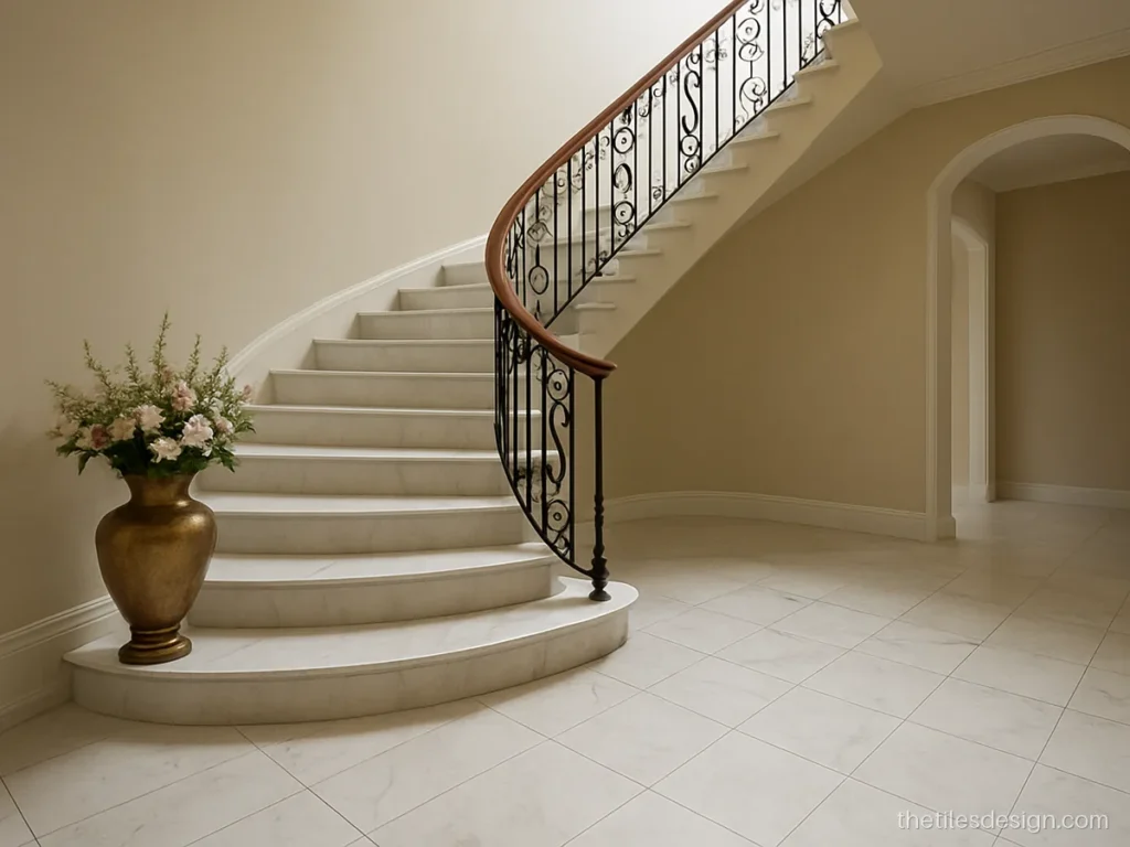 Stair tiles in white marble look with grey veins on a wide curved staircase