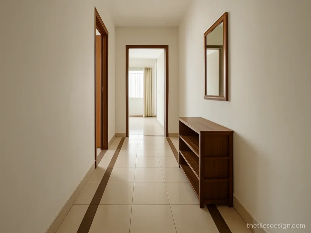Floor border tiles in a brown double line down a passage