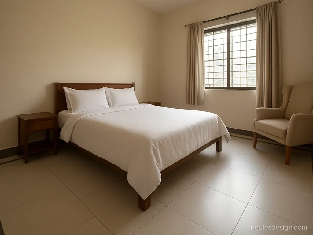 Grey border tiles framing a light floor in a bedroom