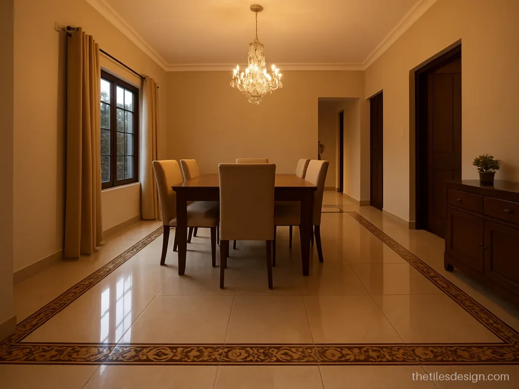 Digital border tiles with a leaf pattern around a dining area floor
