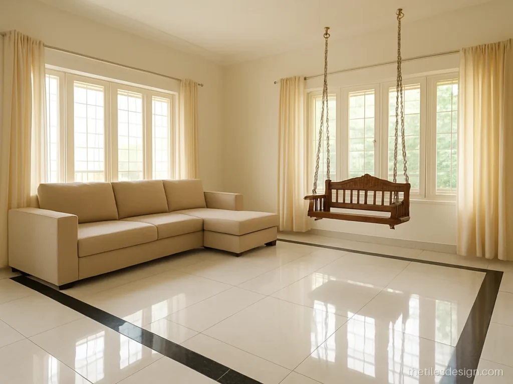 Floor border design with black marble look tiles around a white hall floor