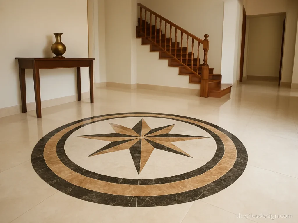 Marble look centre inlay with a round medallion in a hall floor