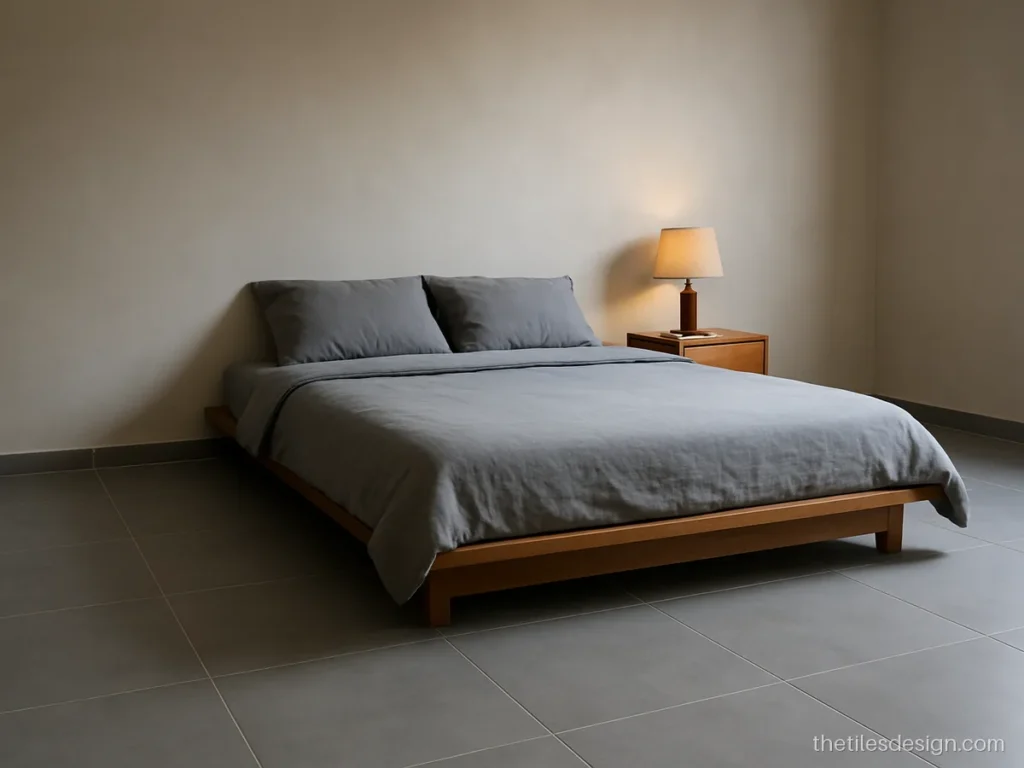 Modern tile skirting set flush with the wall in a grey bedroom