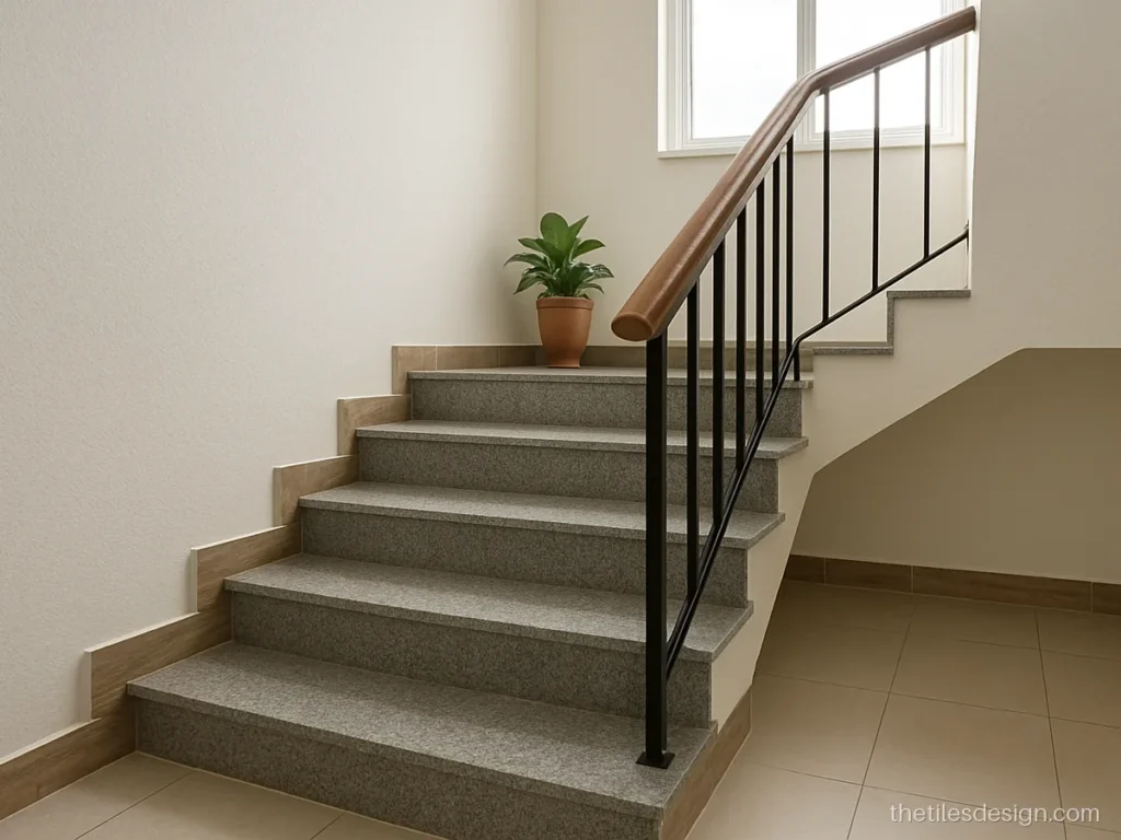 Wood look skirting tiles along a staircase wall