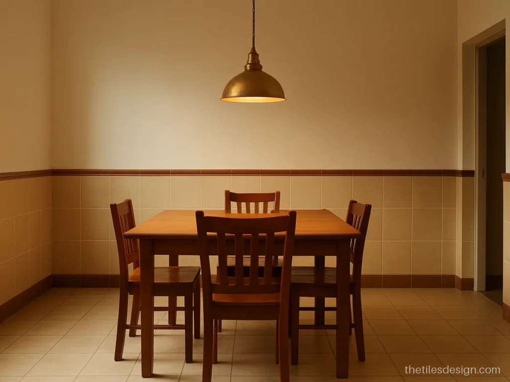 Chair rail tile border topping a dado on a dining room wall