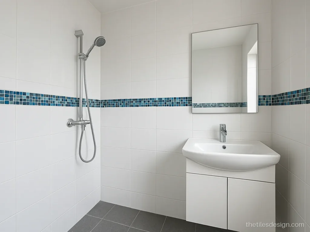 Mosaic border strip on white bathroom wall tiles at eye level