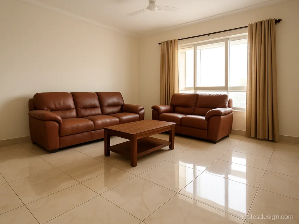 Beige tiles with soft marble veins in a family hall