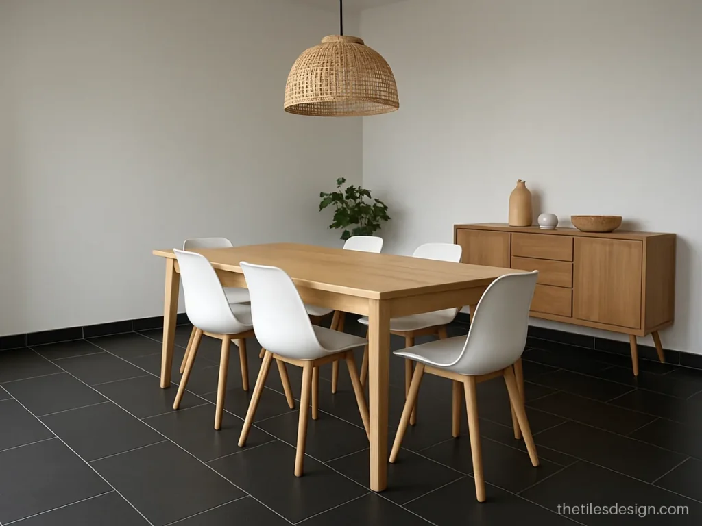 Black floor tiles in matt finish in a modern dining room