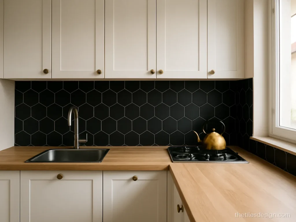 Black tile wall in a kitchen with small hexagon tiles