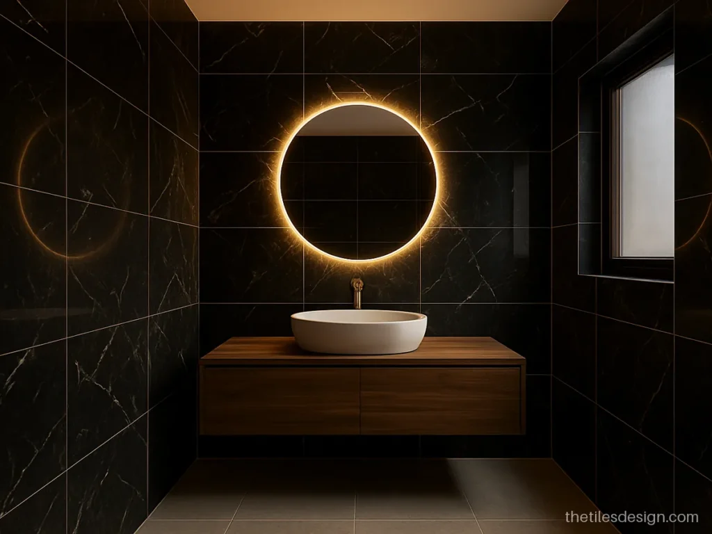 Black and gold tiles with marble veins on a bathroom wall