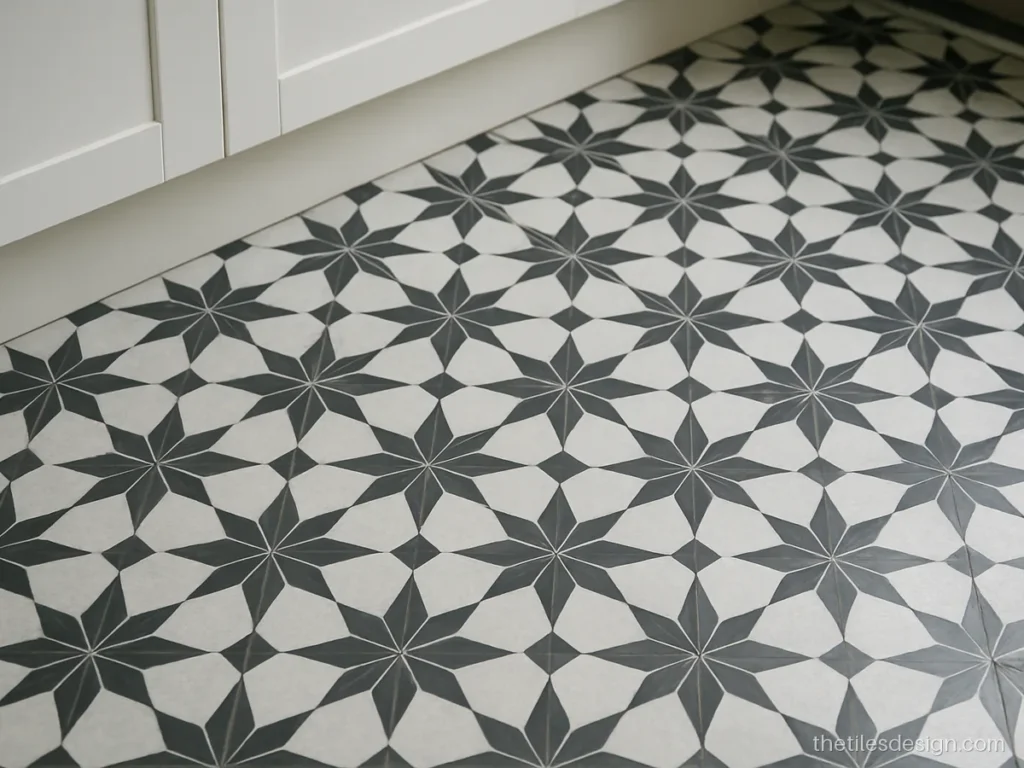 Close-up of black and white tiles design with geometric pattern