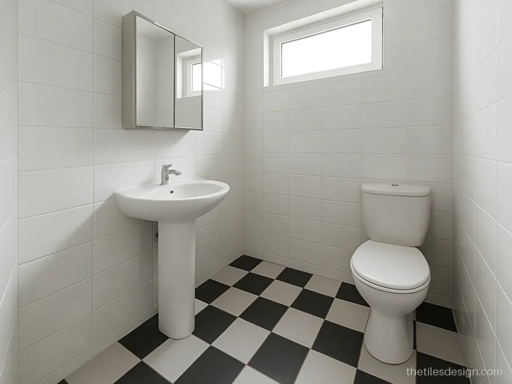 Black and white tile floor laid on the diagonal in a small bathroom
