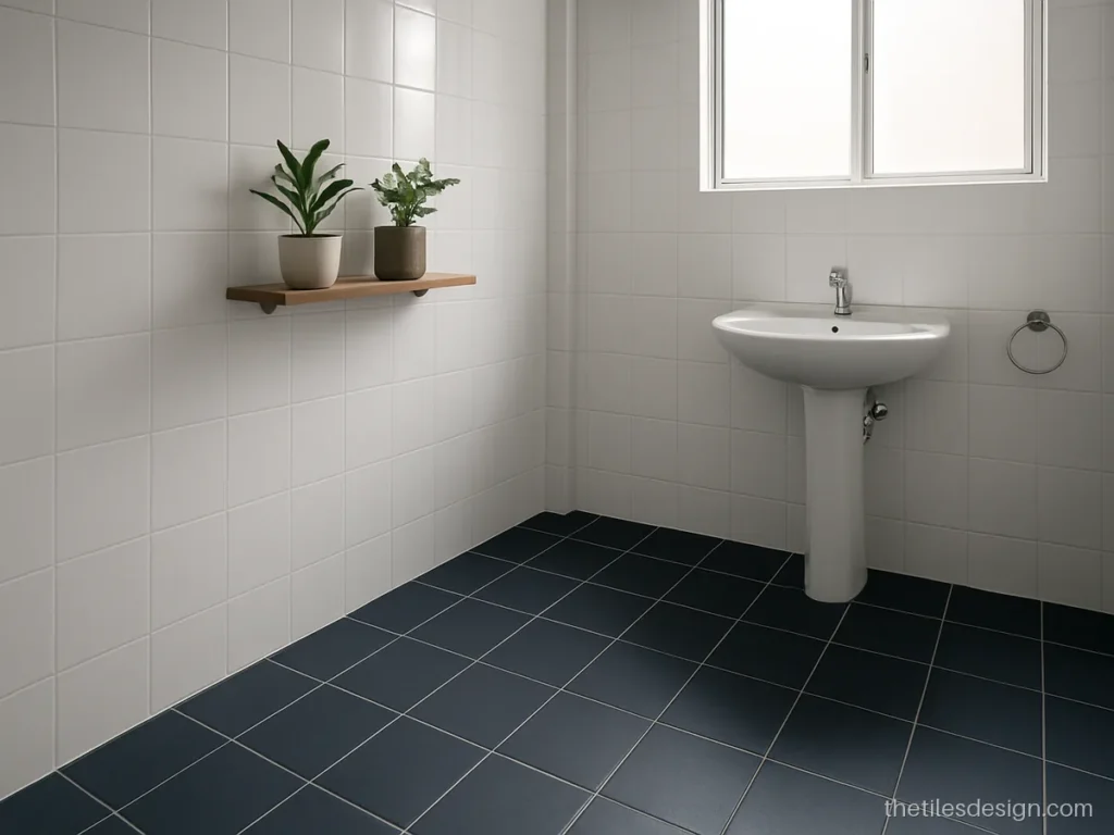Blue floor tile in navy matt in a bathroom with white walls
