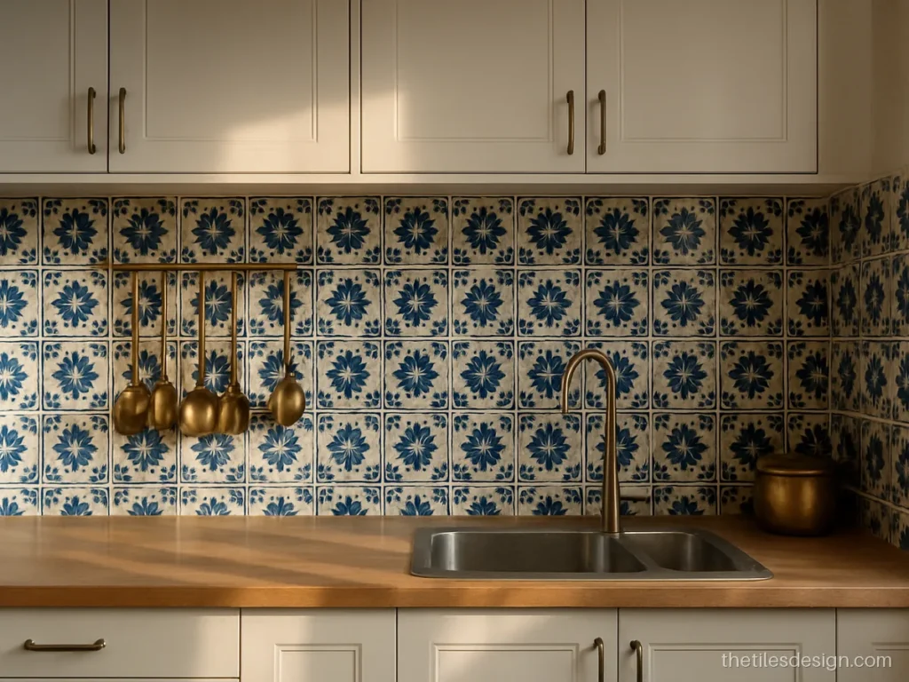 Blue and white tile combination on a kitchen wall with wood counter