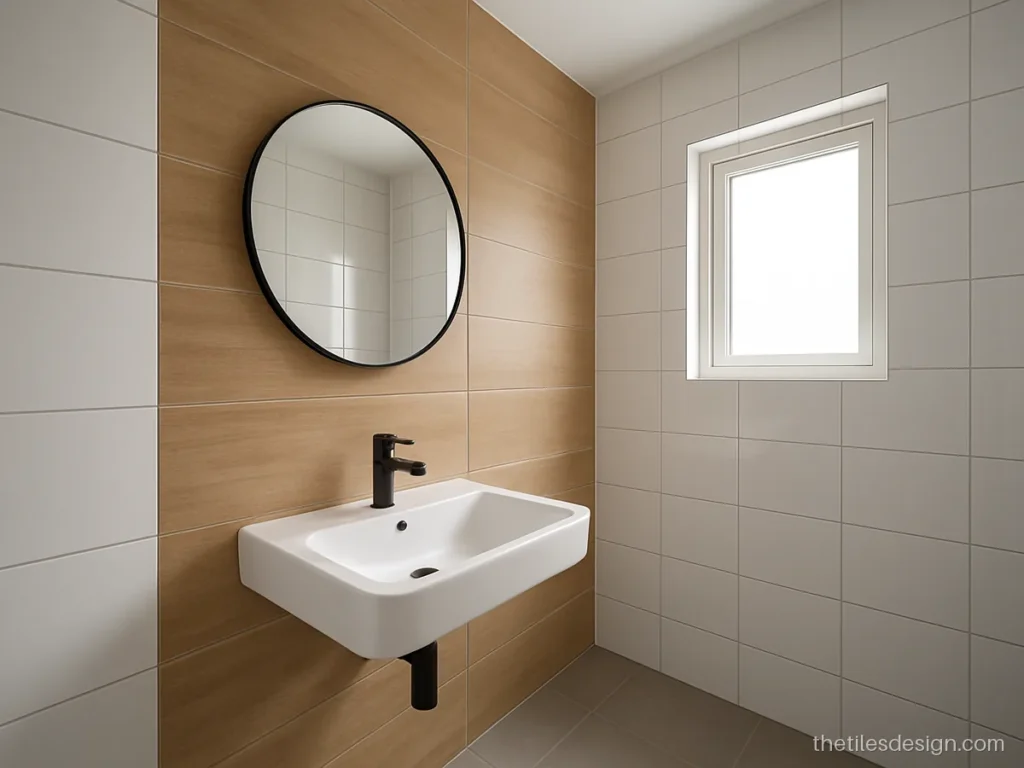Highlighter tiles in wood tone with white tiles in a bathroom