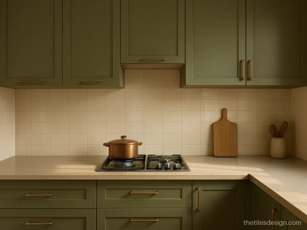 Cream colour tiles on a kitchen wall with green cabinets
