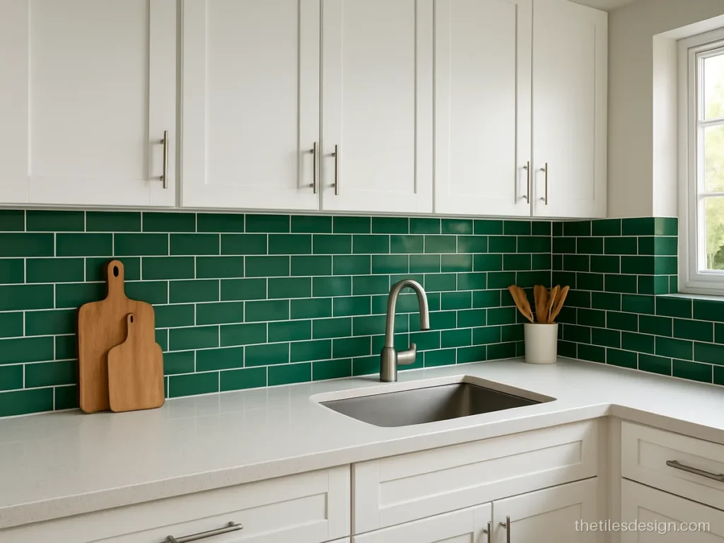 Green tiles in glossy emerald on a kitchen backsplash