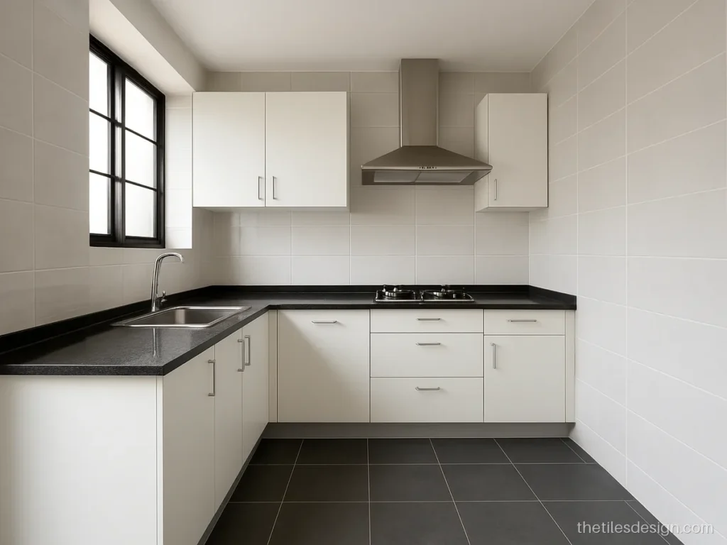 Grey colour tiles in two tones on a kitchen floor and wall