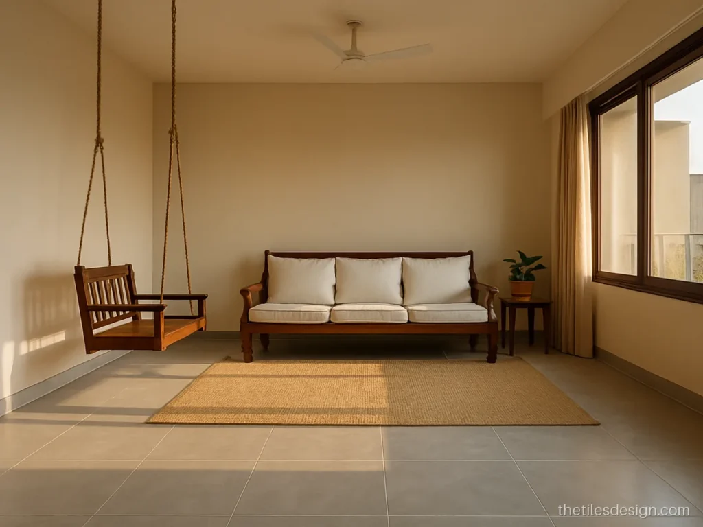 Light grey floor tiles in a living room with wooden furniture