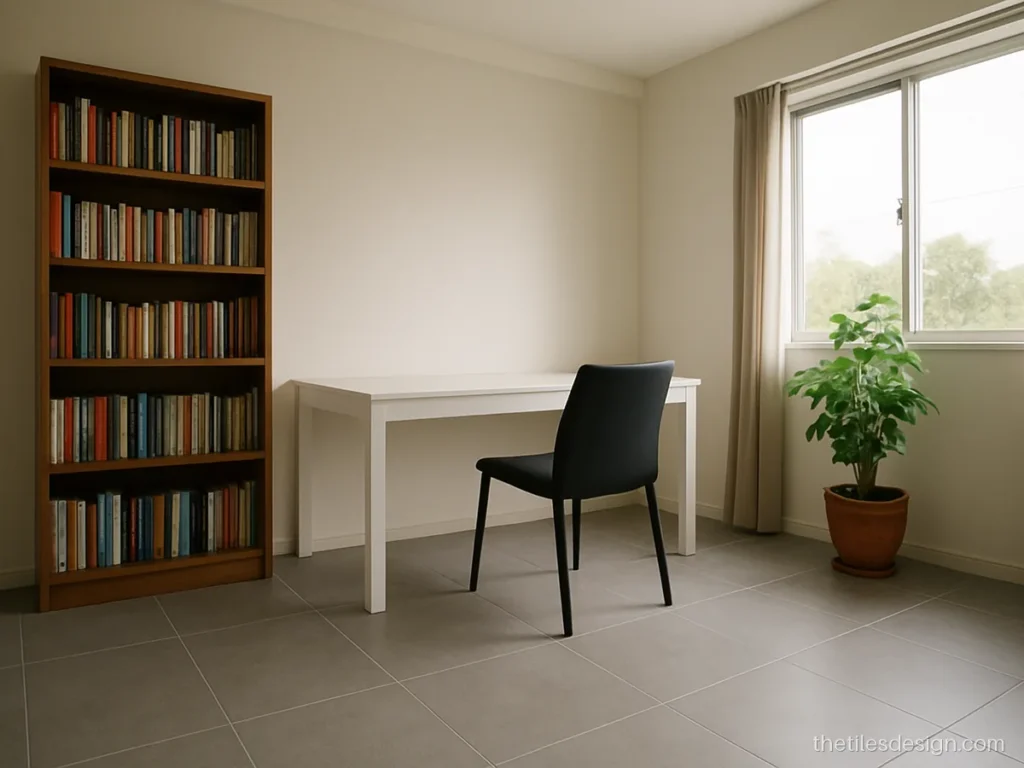 Grey tile flooring in a concrete look in a home office