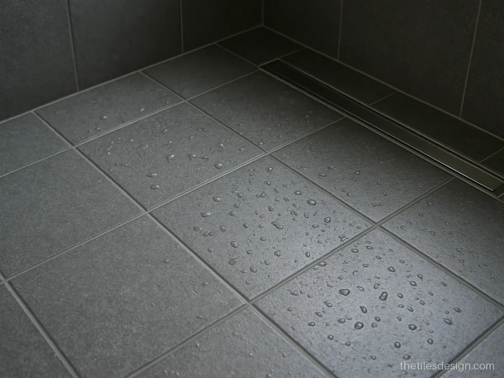 Close-up of charcoal grey tile texture on a shower floor