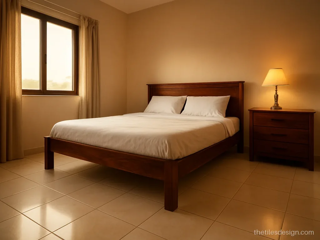 Off white and ivory tiles on a bedroom floor with wooden furniture