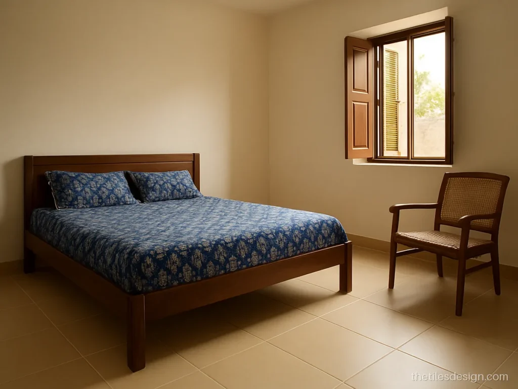 Plain beige tiles in a matt finish on a bedroom floor