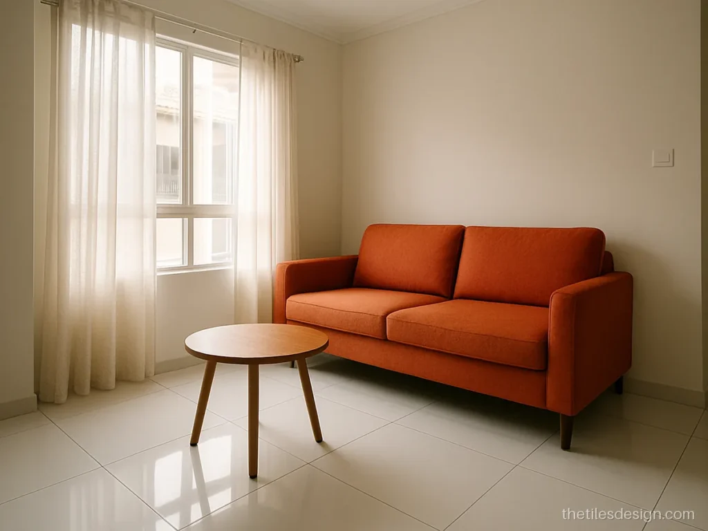 White floor tiles in a glossy finish in a compact living hall