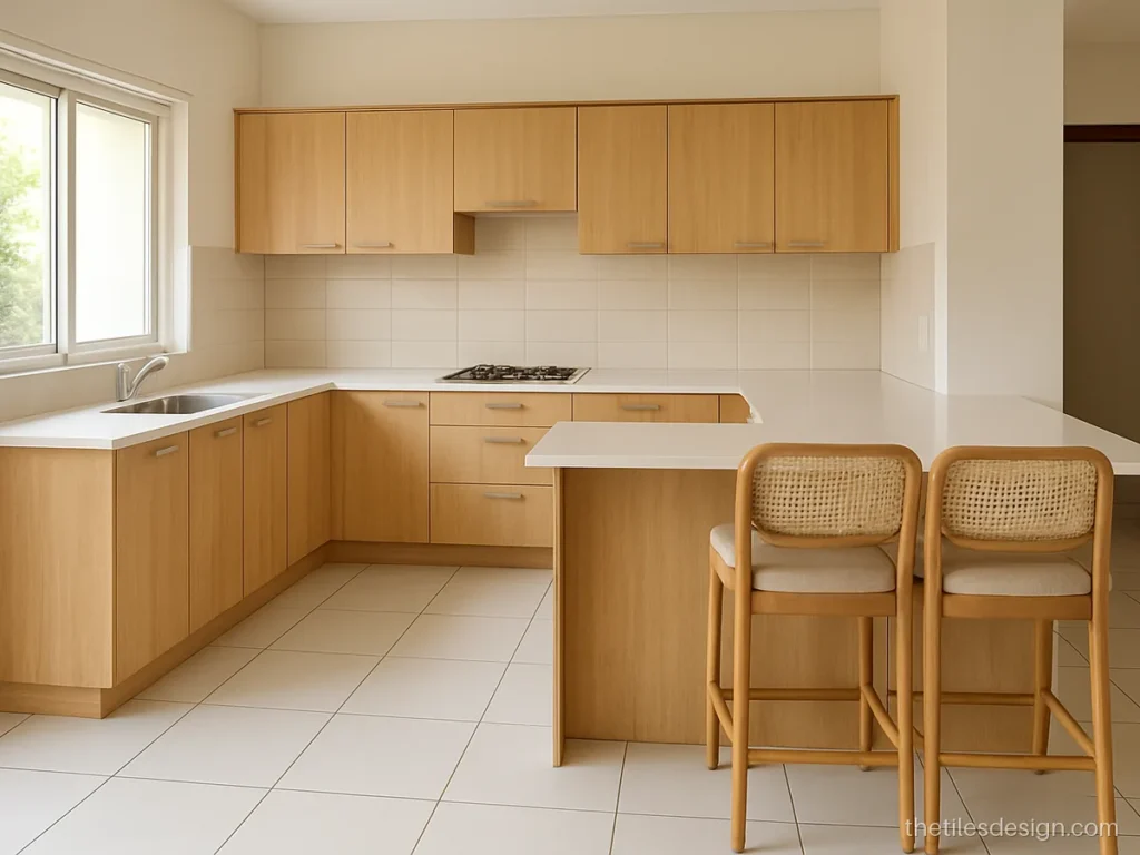 White tiles for floor in a matt finish in a bright open kitchen