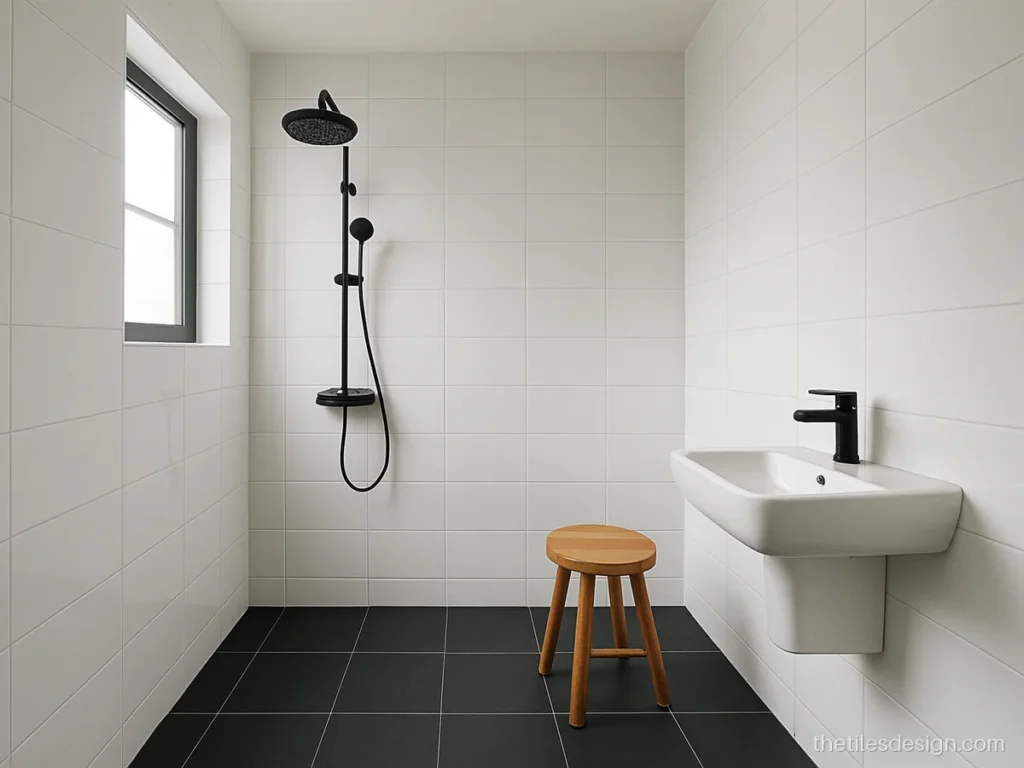 White wall tiles with black floor tiles in a modern bathroom