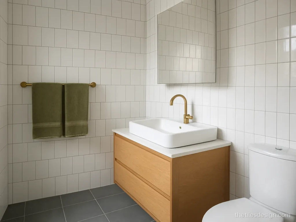 White wall tiles in a subway layout with white gloss tiles in a bathroom