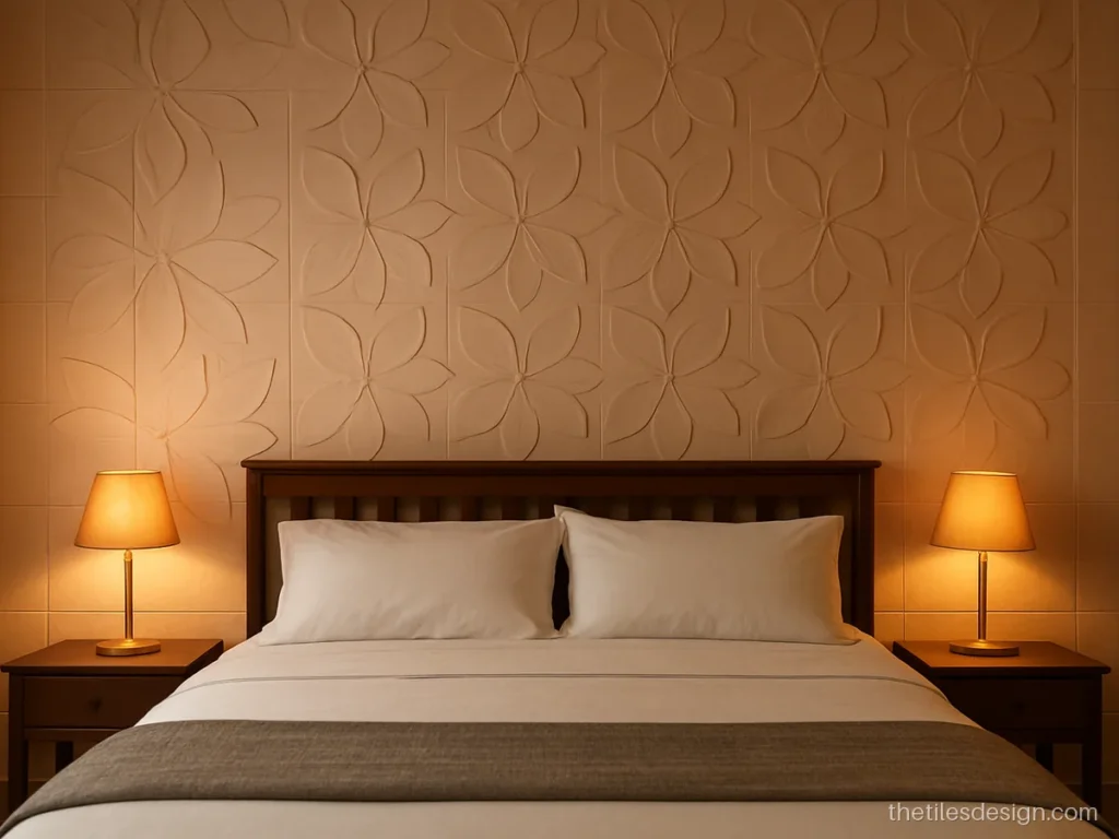 3D flower design wall tiles in soft pink behind a bed headboard