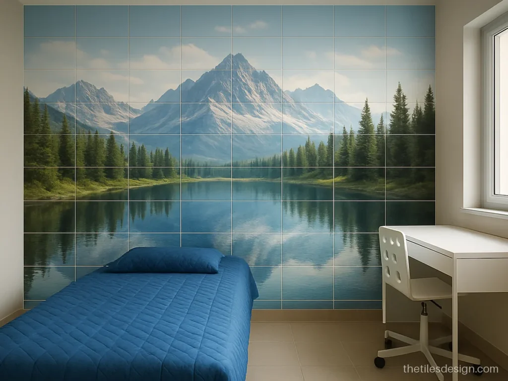 3D wall poster tiles with a mountain and lake scenery in a kids room
