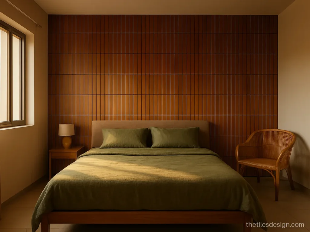 Wooden 3D slat look tiles on a master bedroom feature wall