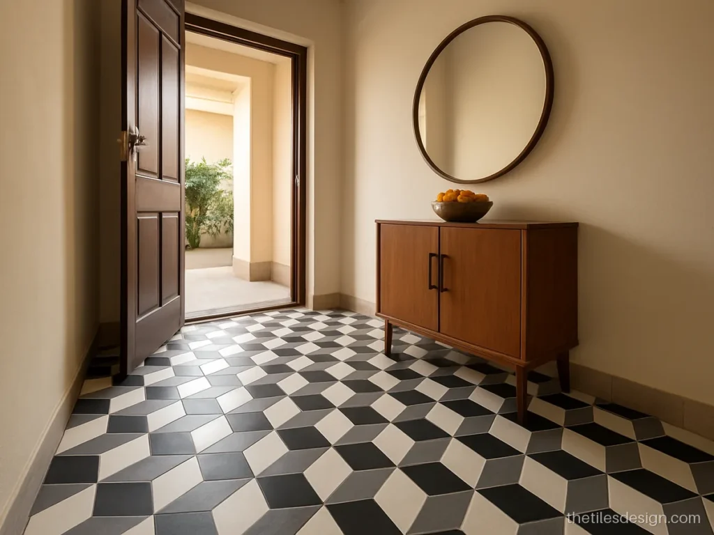 3D floor tiles design with black, white and grey tumbling block pattern in a foyer