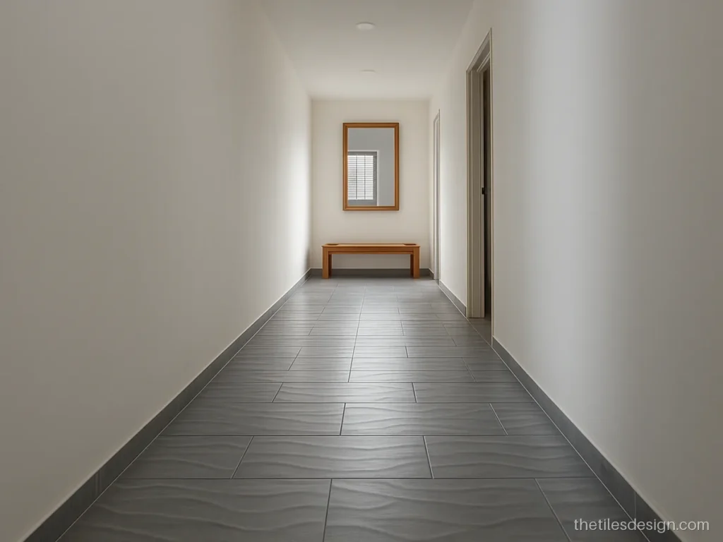 Grey 3D wave print floor tiles in a long corridor of an Indian flat